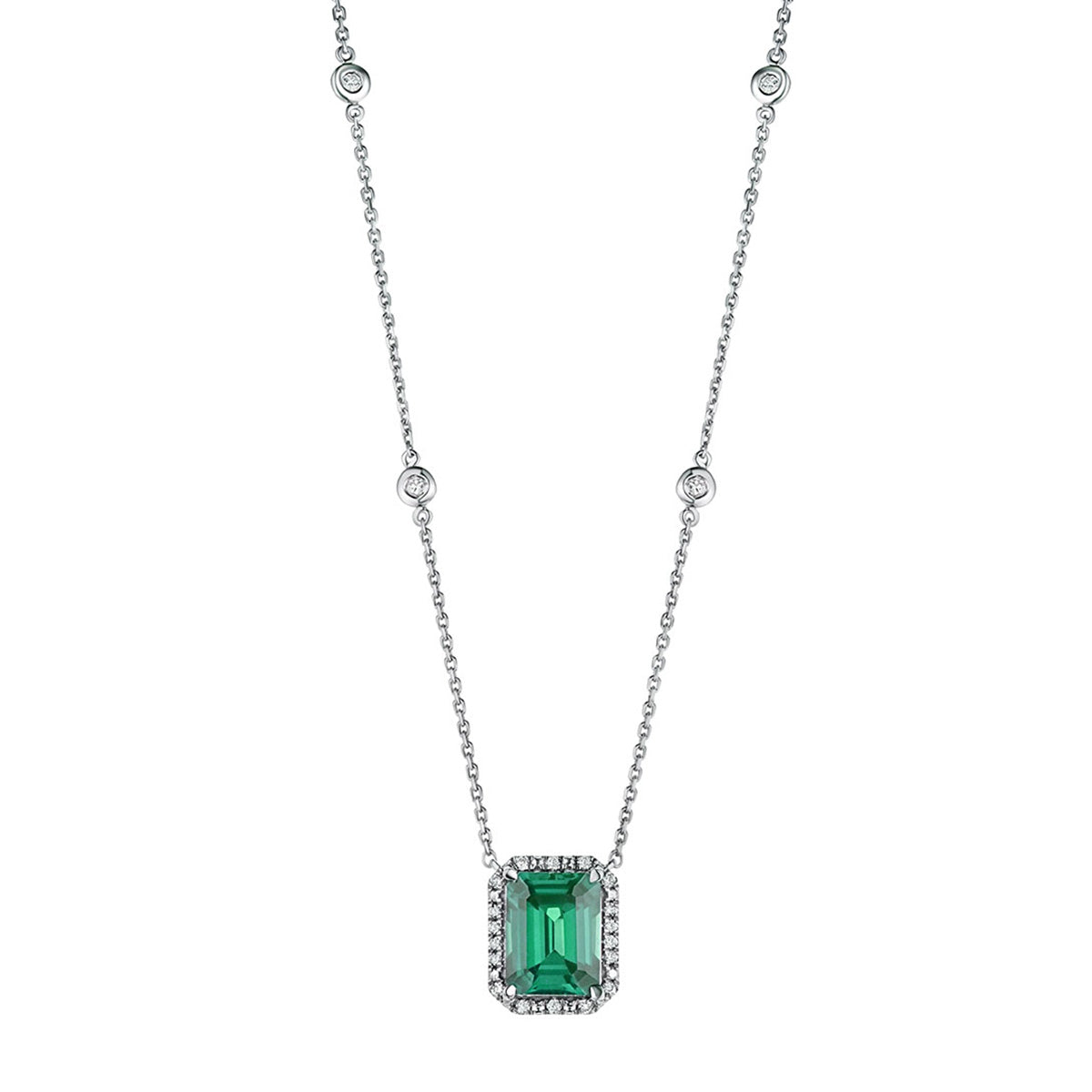Astra 1.50ct Lab Emerald and Diamond Halo Octagon Cut Necklace in Silver